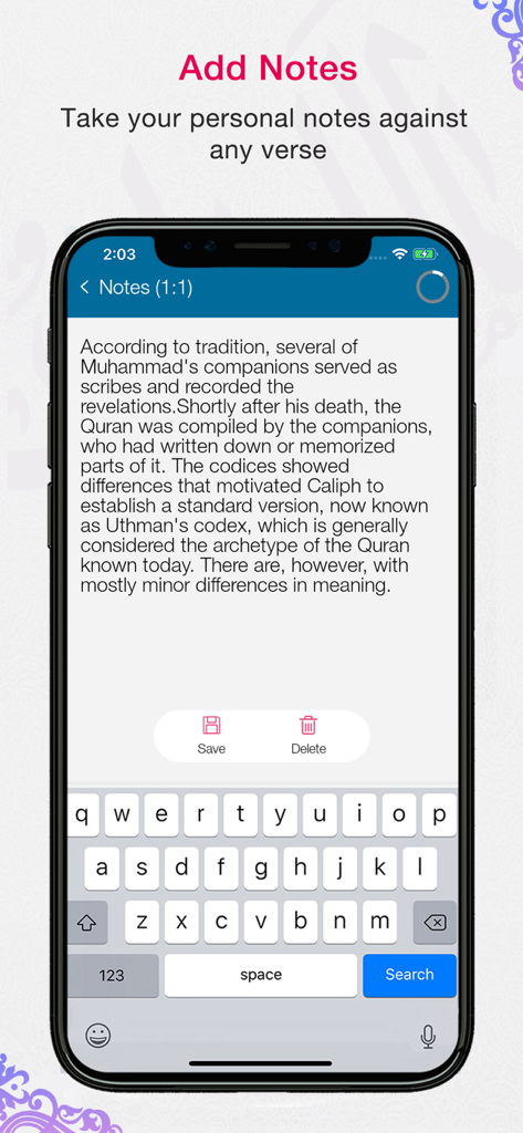 Quran App Read,Listen,Search - Interfaz de la App del Corán que muestra la función para agregar y guardar notas personales para versos específicos.