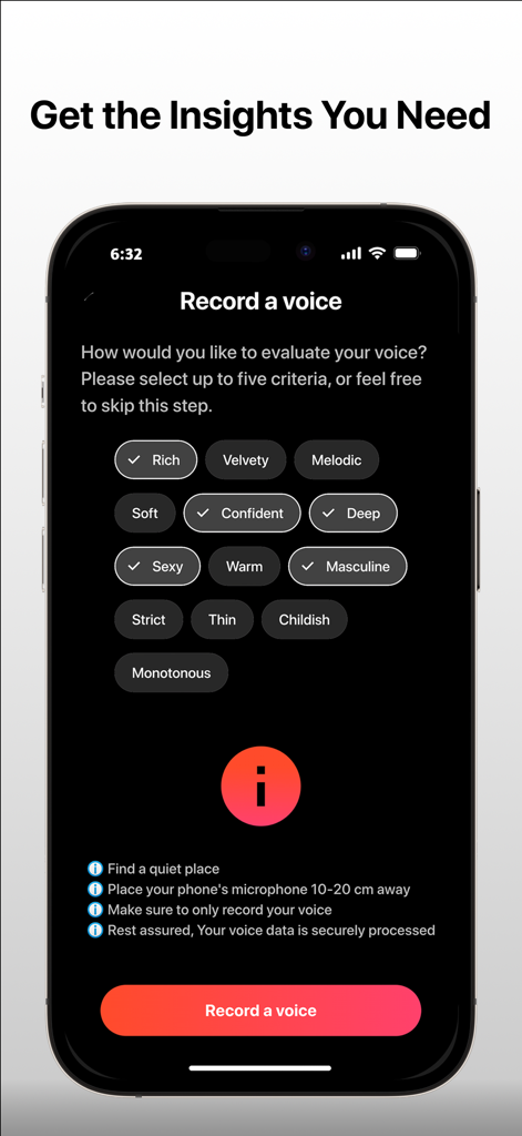 MyTone - Singing & Vocal Coach - A screenshot of the MyTone app showing voice recording criteria like deep and masculine.