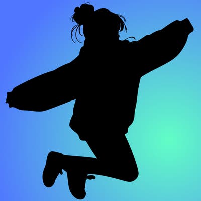 realistic girl jumping with a bun and oversized sweatshirt