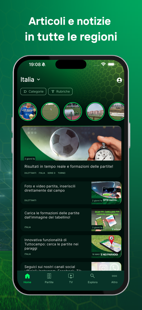 Tuttocampo - Tuttocampoアプリのホーム画面、イタリアの地域リーグのサッカー記事とニュースが表示されています