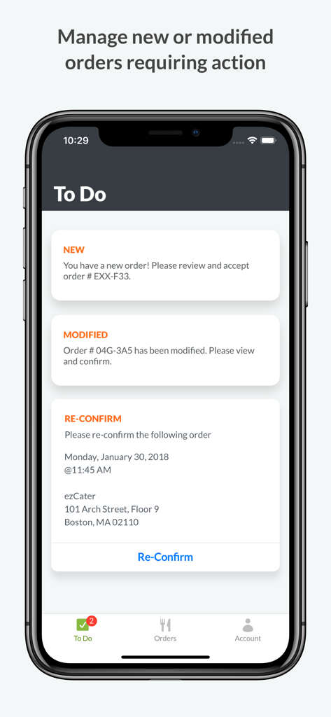 Interface da aplicação ezManage mostrando uma lista de pedidos de catering novos e modificados que requerem ação