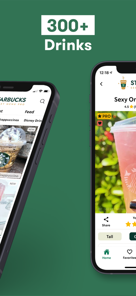 Starbucks-Inspired Secret Menu - Due iPhone che mostrano l'app Menu Segreto Ispirato a Starbucks con un titolo di oltre 300 bevande e varie ricette di bevande al caffè
