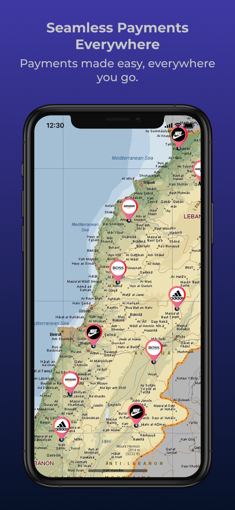 Slideit - Shop Now Pay Later - Slideit mobile app interface displaying a map of Lebanon with merchant pins for stores like Nike and Adidas