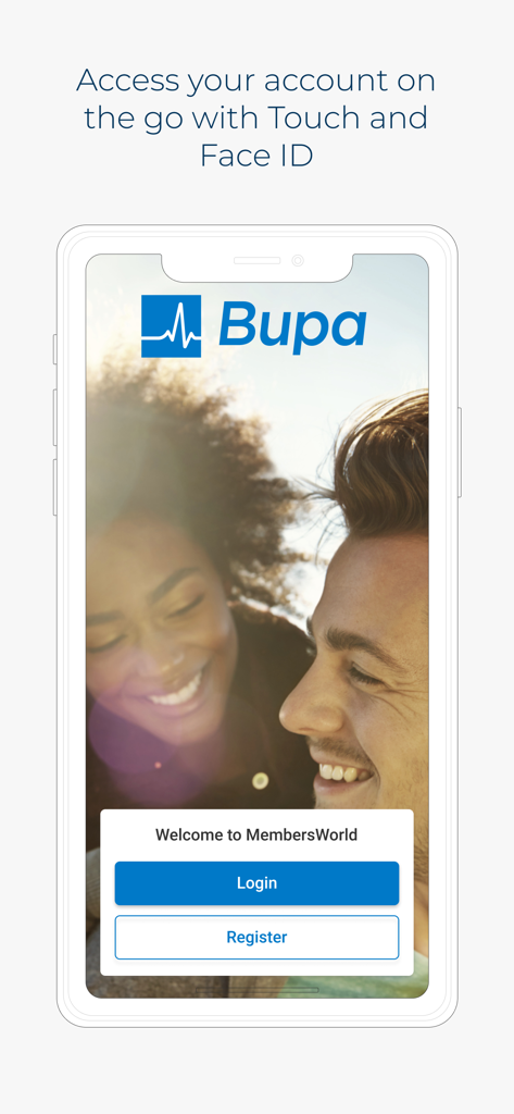 Bupa Global MembersWorld - Bupa Global MembersWorld app login and registration screen with biometric access information.