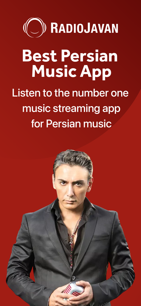 Tela promocional do aplicativo Radio Javan com um cantor persa e o slogan Melhor Aplicativo de Música Persa
