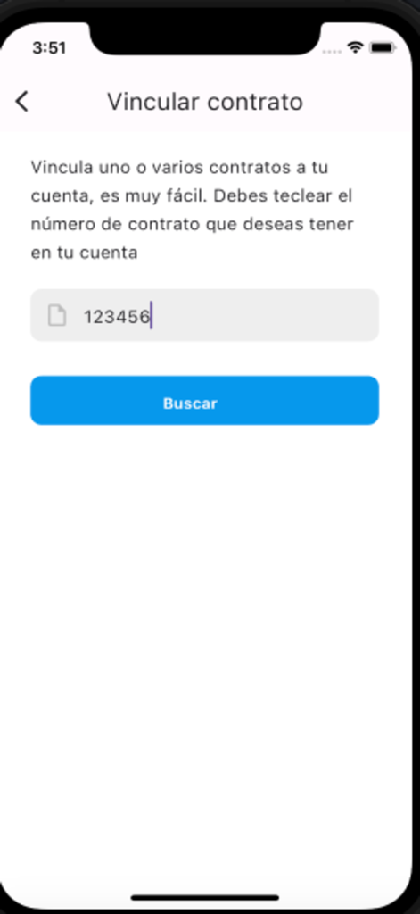 Mobile screen of the SMAPAC CARMEN app showing the section to link a utility contract by entering a contract number and clicking search