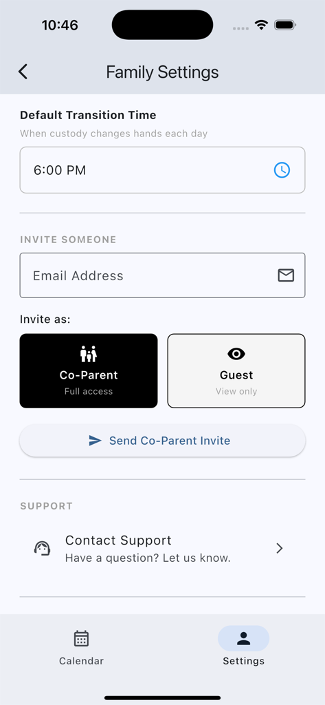 Child Custody Calendar - The Family Settings screen of the Child Custody Calendar app showing options to set transition times and invite a co-parent or guest.