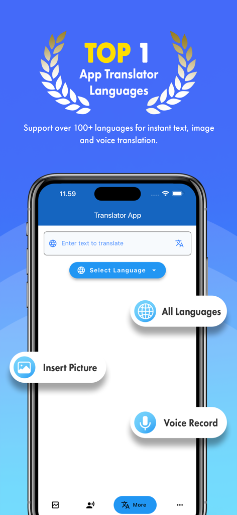 Pantalla de la aplicación de traductor IA que muestra opciones de traducción de texto, imagen y voz