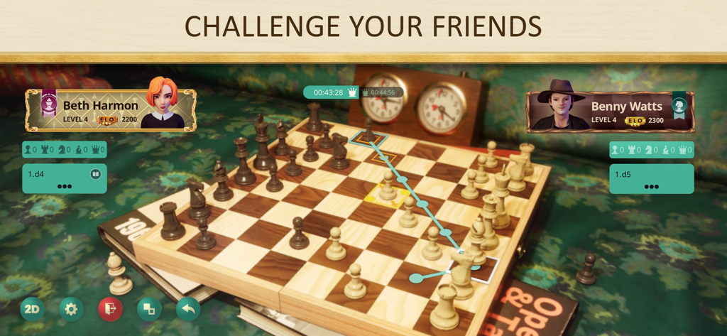 Una interfaz de juego de ajedrez en 3D que muestra una partida entre los personajes Beth Harmon y Benny Watts con el texto "desafía a tus amigos"