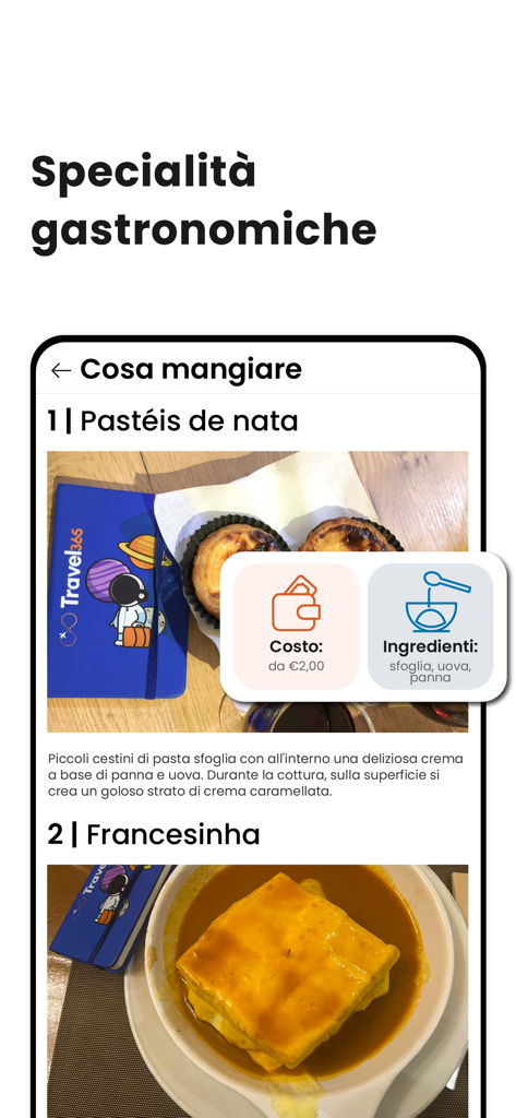 Travel365 mobile app screen displaying local food specialties with prices and ingredients