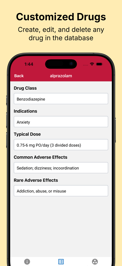 RxFlip - Interfaz móvil de RxFlip que muestra la función para crear y editar información de medicamentos como clase e indicaciones para alprazolam