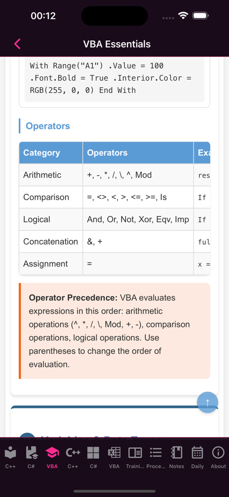 MSDev Academy - Screenshot des VBA-Grundlagenbereichs in MSDev Academy, der eine Tabelle von Programmieroperatoren anzeigt