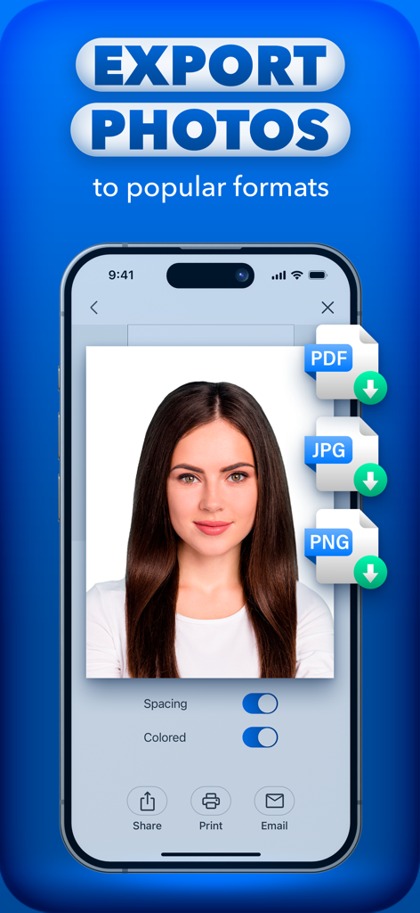 Mobile app interface showing export options for passport photos in PDF JPG and PNG formats