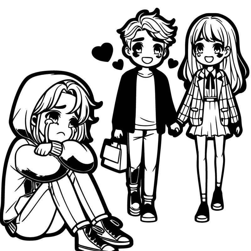 a teenage girl in a hoodie crying on the floor watching a handsome boy and preppy girl walking away holding hands + smiling