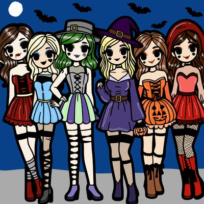 group of girl friends dressed in halloween costumes
