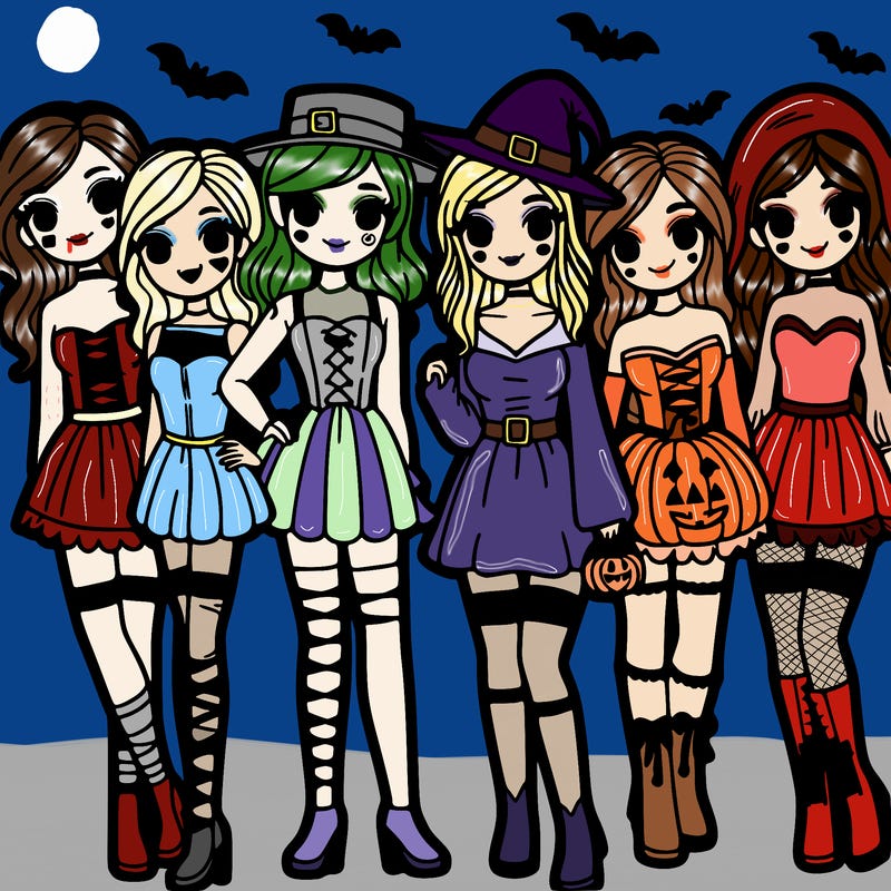 group of girl friends dressed in halloween costumes
