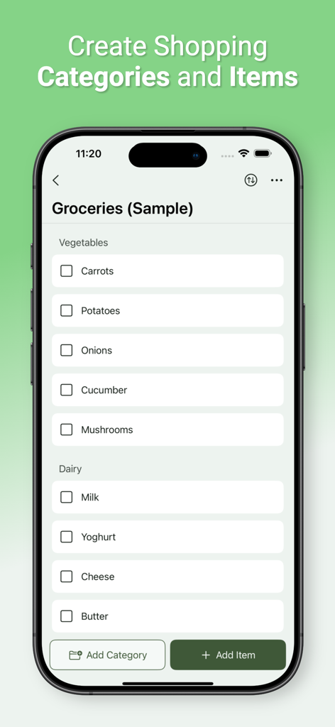 Shopping List : Shoppi - Shoppi app screen showing a grocery list with items organized into categories