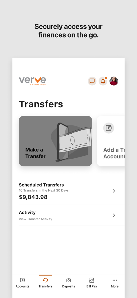 Verve Mobile - Verve Mobile app Transfers interface showing scheduled transfers and activity