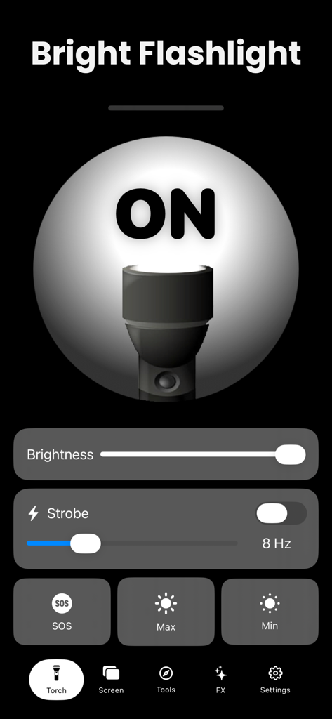 Flashlight - Bright LED Torch - Oberfläche einer hellen LED-Taschenlampen-App mit Helligkeits- und Stroboskopfrequenzreglern und einer SOS-Taste