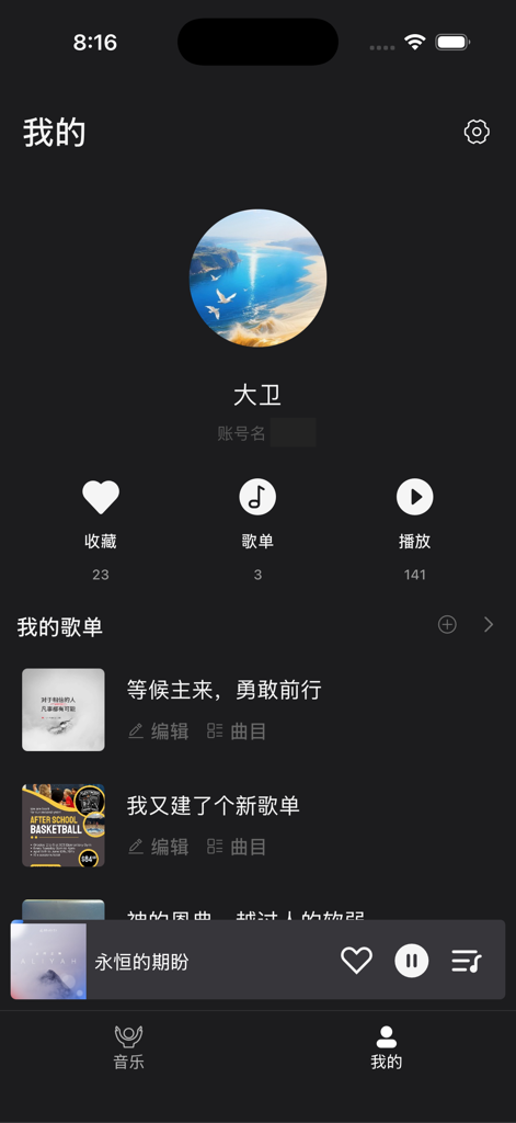 Interface de perfil do usuário do aplicativo de música Praise mostrando playlists pessoais e histórico de reprodução