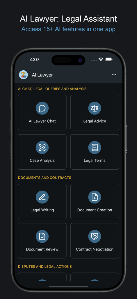 AI Lawyer: Legal Assistant - Dashboard dell'app Avvocato IA che mostra strumenti di chat legale e redazione di documenti