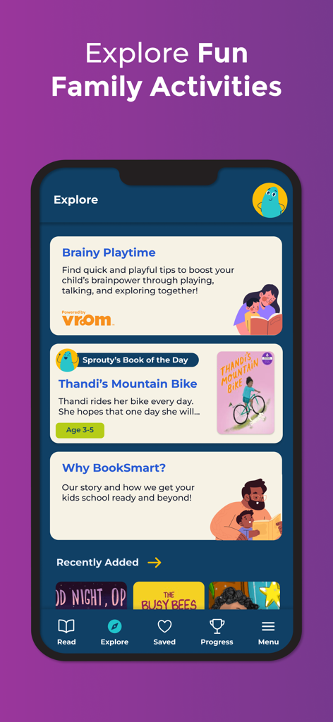 The Explore screen of the BookSmart app displaying family activities brainy playtime tips and children book recommendations