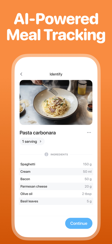 CalRizz ™ AI Calorie Tracker - Seguimiento de comidas impulsado por IA que muestra los ingredientes de la pasta carbonara