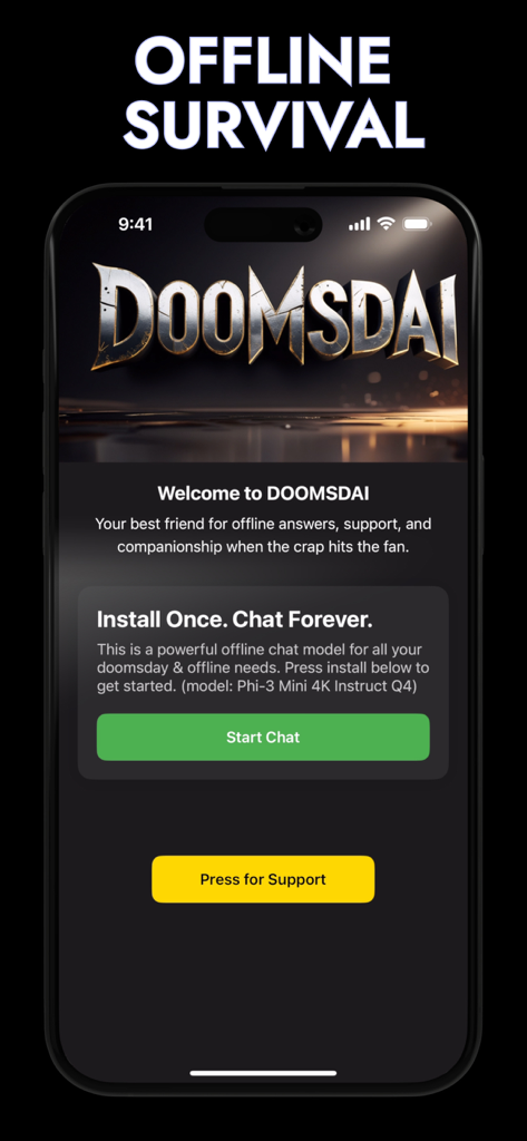 Offline Survival DOOMSDAi - The welcome screen of the DOOMSDAi offline survival app featuring a start chat button for AI assistance without internet.