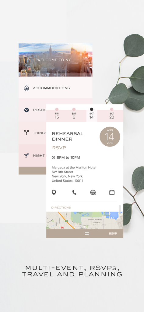 Appy Couple Wedding App - Schermate dell'app per matrimoni Appy Couple che mostrano i dettagli della conferma di partecipazione alla cena di prova del matrimonio e la gestione degli alloggi di viaggio degli invitati.