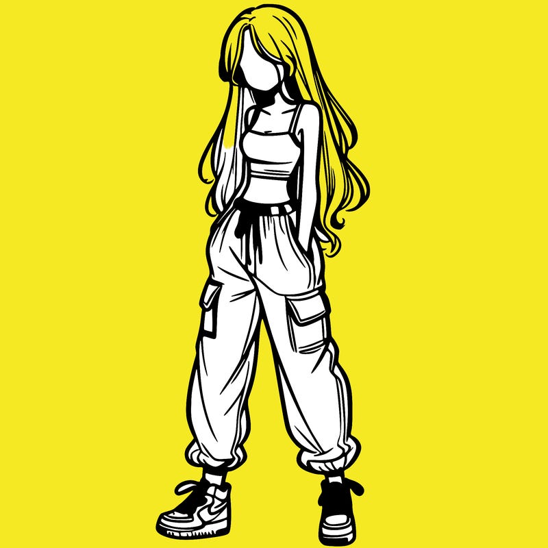 girl in baggy pants crop top and long hair