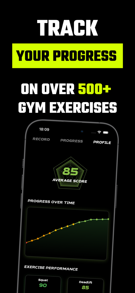 Gymscore app screen showing fitness progress over time with average score and individual exercise performance for squat and deadlift