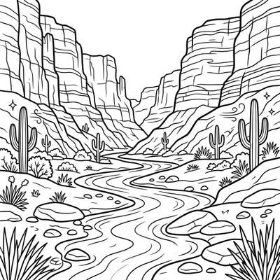 Embark on a desert adventure with this captivating Canyon Floors coloring page, perfect for young artists. Kids will love bringing to life the winding river, towering canyon walls, and unique desert plants.