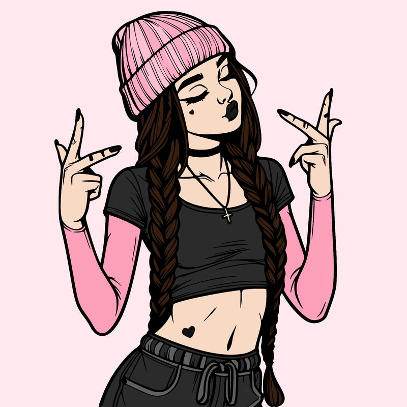 realistic teenage girl with braids and a beanie and crop top doing 🫶🏼