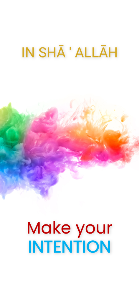 FastTrekker: Ramadan & Prayer - FastTrekker app screen with the phrases In Sha Allah and Make your Intention over a colorful smoke graphic.