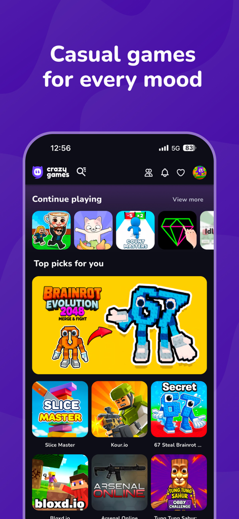 CrazyGames: Play 1500+ Games - Interface do aplicativo móvel CrazyGames mostrando uma variedade de miniaturas de jogos casuais como Slice Master e Kour.io sob o título Jogos casuais para todos os gostos