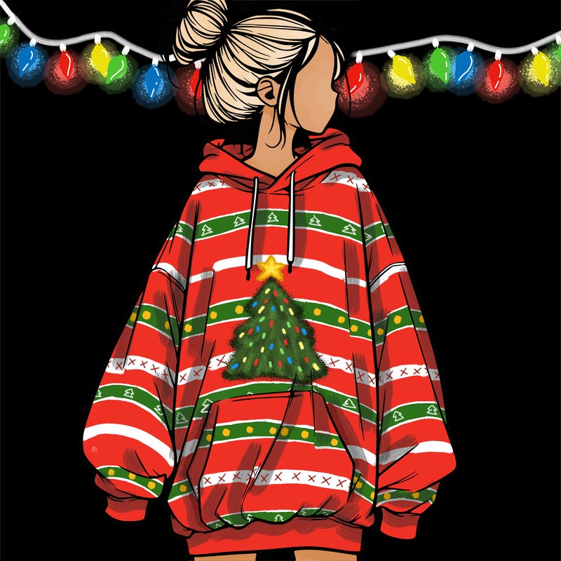 realistic girl with a oversized sweatshirt on and a bun