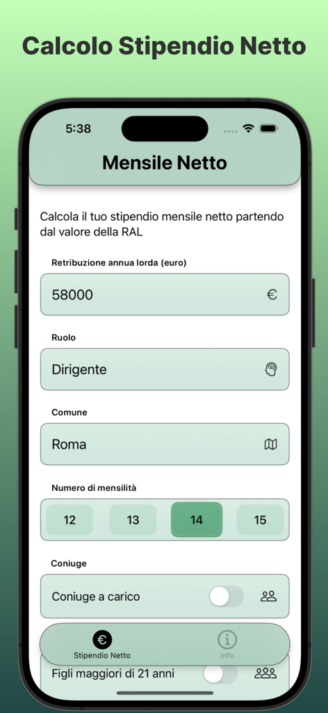Interfaccia di un'app calcolatrice di stipendio italiana che mostra gli input per la conversione da lordo a netto