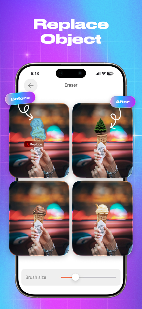 アイスクリームコーンでAIオブジェクト置換機能が表示されているモバイルアプリのスクリーンショット。異なる結果が表示されている。