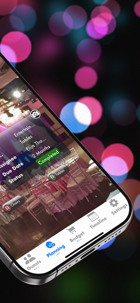 Pro Party Planner - Pro Party Planner app showing augmented reality task tracking overlaid on an image of an event banquet hall