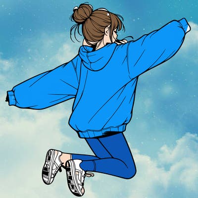 realistic girl jumping with a bun and oversized sweatshirt