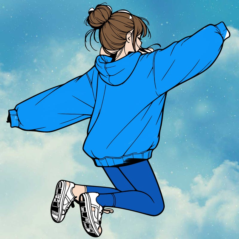 realistic girl jumping with a bun and oversized sweatshirt