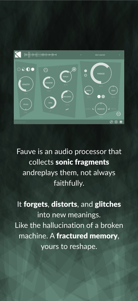 Fauve : flawed reconstructor - The user interface of the Fauve music app showing sound manipulation controls for glitch and distortion effects