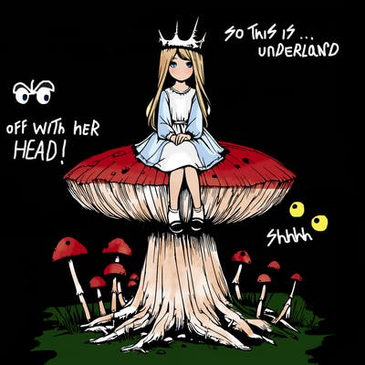 realistic girl sitting on a huge tree stump size toadstool with thorn crown