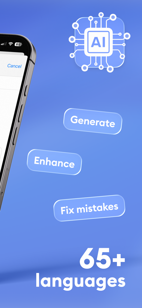Fonctionnalités de l'application AiText montrant la génération et l'amélioration de texte par IA, ainsi que la prise en charge de plus de 65 langues.