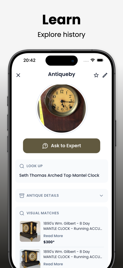 Antiqueby app screen showing identification results for a vintage Seth Thomas mantel clock with historical details and visual matches