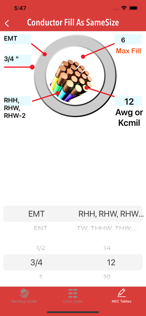 Base Electrician Tools - Base Electrician Tools app interface showing conduit fill calculation for EMT with 12 AWG wires