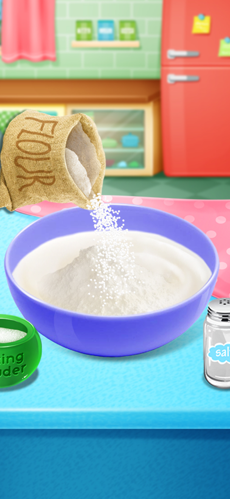 Pouring flour into a bowl to mix pancake ingredients in a kids cooking game