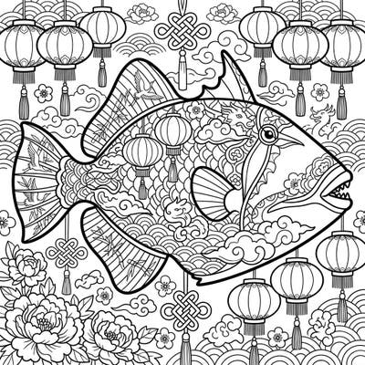 Unleash your creativity with this stunning coloring page featuring a beautifully patterned triggerfish, swimming amidst the vibrant symbols of Lunar New Year. It's a unique blend of marine life and festive tradition, perfect for detailed coloring.