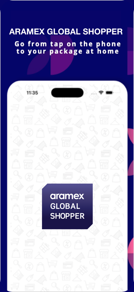 Aramex Global Shopper - ブランドロゴとスローガンが描かれたAramex Global Shopperアプリのスプラッシュスクリーン