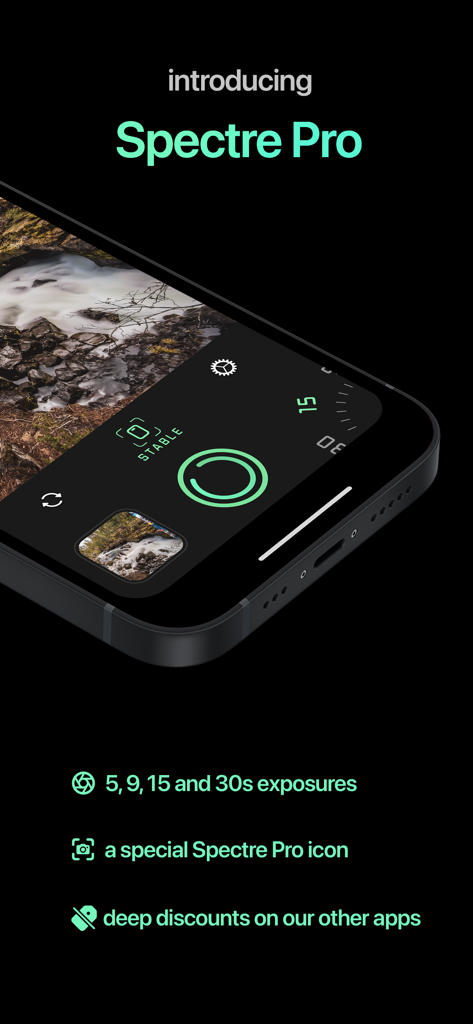 Spectre Camera - Spectre Pro camera app interface showing long exposure settings and professional features